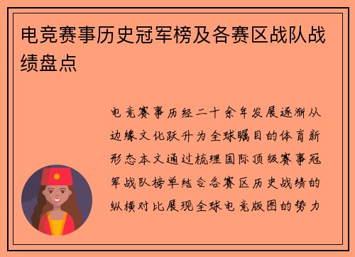 电竞赛事历史冠军榜及各赛区战队战绩盘点
