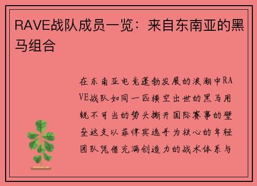 RAVE战队成员一览：来自东南亚的黑马组合